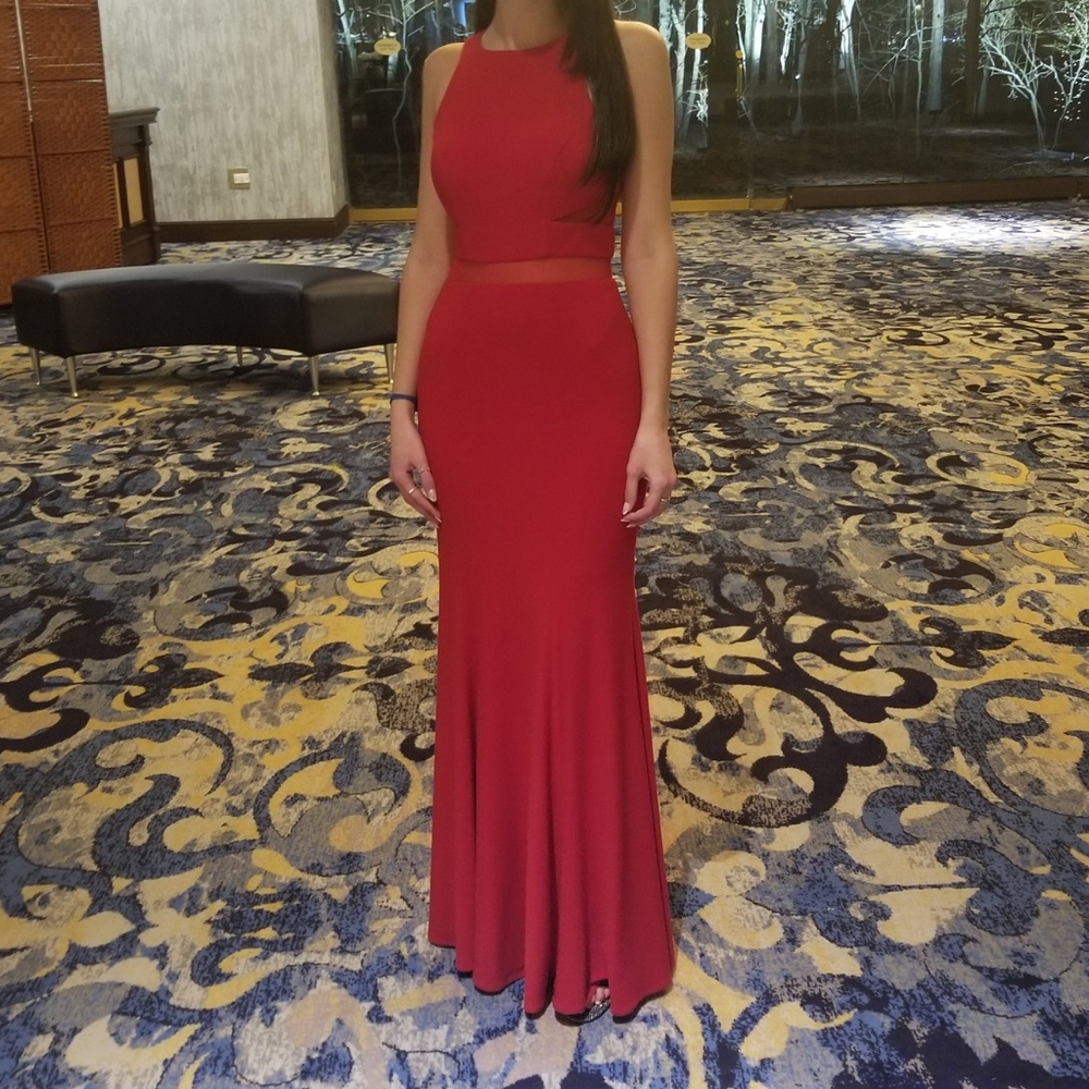 Red Evening Gown with Sheer Inset